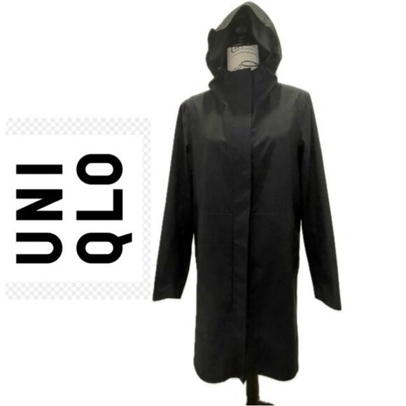 UNIQLO PARKA HOODED COAT BLACK Sz M WINDBREAKER WATER RESISTANT STRECH VERSATILE - Picture 1 of 16